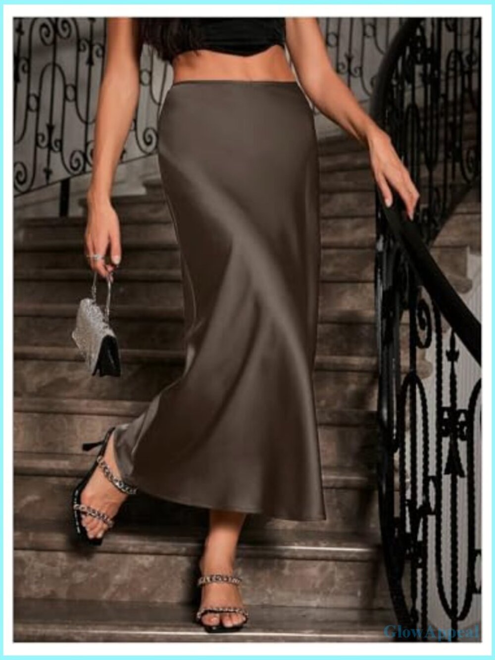 High Waisted A-Line Satin Skirt with Side Zipper, Midi Long - Picture 4 of 5